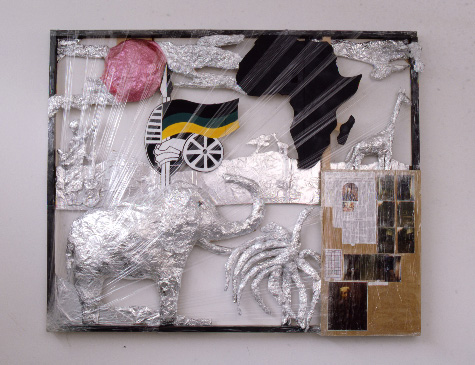 Thomas Hirschhorn, Die 5 Kontinente : der afrikanische Kontinent, 1999, Holz, Alupapier, Silberpapier, verschiedene Materialien, 180x 220 cm, Sammlung Jean Brolly, Paris. Photo : D.R. © Adagp, Paris 2010